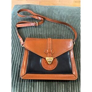 Moda Italiana Two Tone Leather Crossbody Bag Brown Black Flap Closure Gold Tone‎